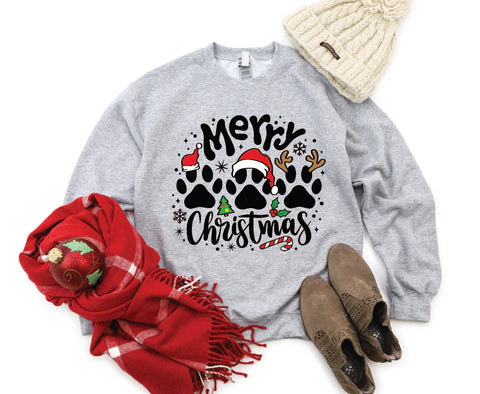 Merry Christmas crewneck featuring festive paw prints, designed for pet lovers who want to celebrate the holiday season in cozy style.

