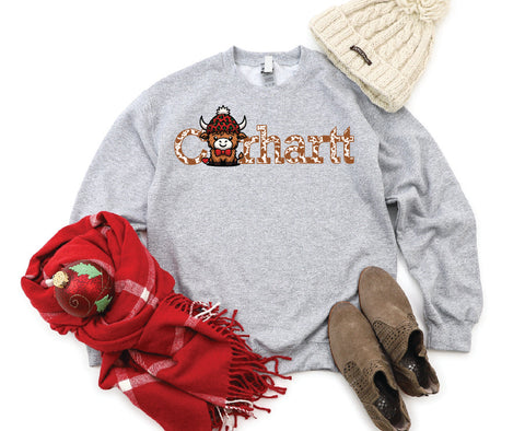 Carhartt Highland Cow Christmas Crewneck Sweatshirt - Brown Cow Text