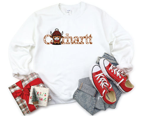 Carhartt Highland Cow Christmas Crewneck Sweatshirt - Brown Cow Text