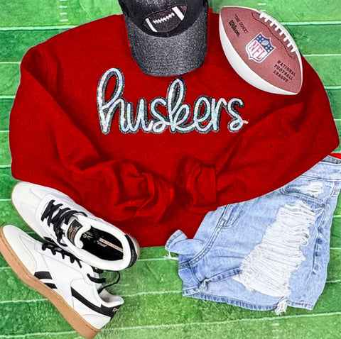 Huskers Glitter Patch Crewneck Sweatshirt – Game Day Sparkle