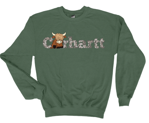 Highland Cow in Camo – Cozy Sweatshirt